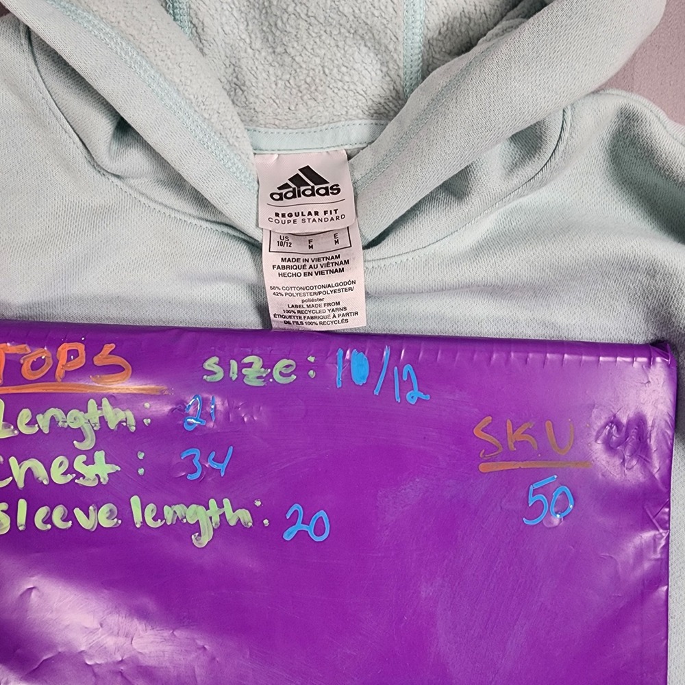 Adidas Kids Mint Green Logo Hoodie Sweatshirt Size 10/12 Regular Fit Aqua